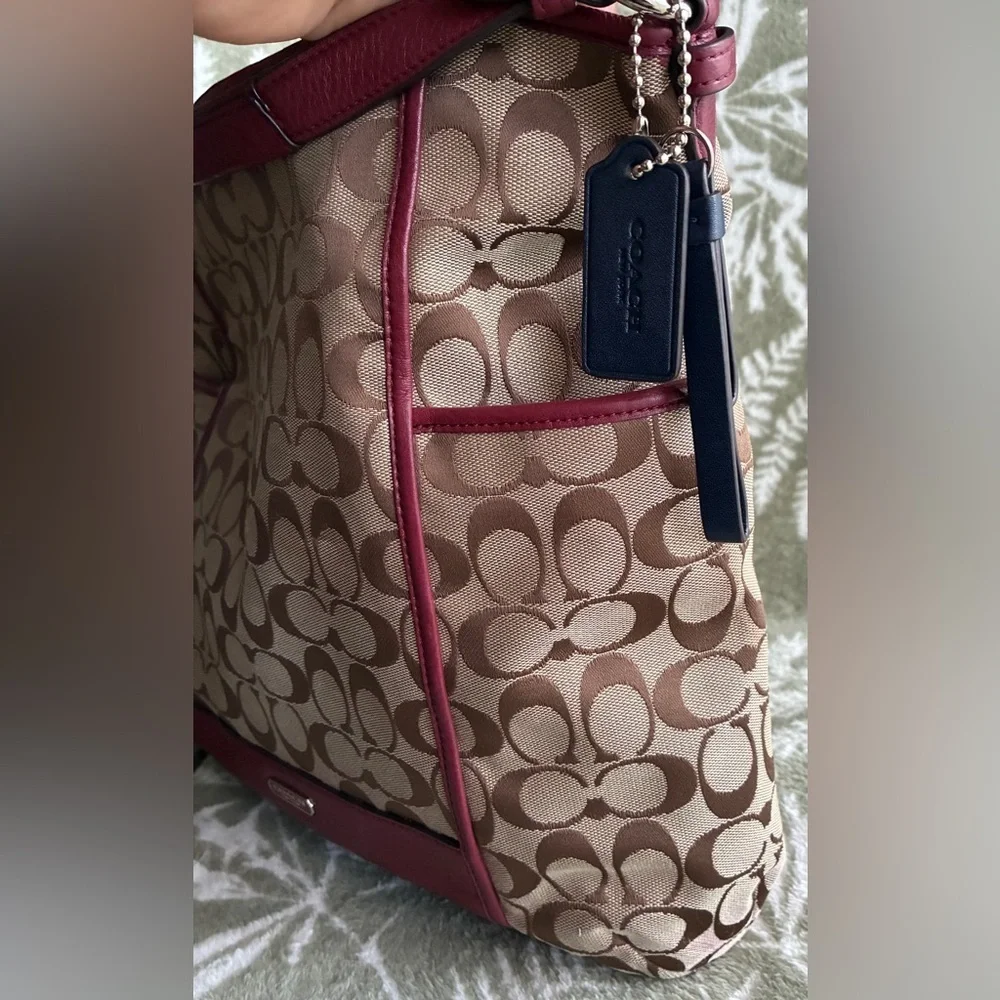 Coach Beige Signature Canvas Tote with Cherry Trim
